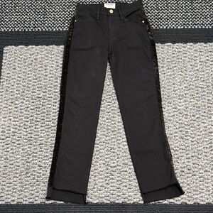 FRAME Le High Straight Jeans Women’s 24 Black Gold Suede Side Stripe Raw Hem